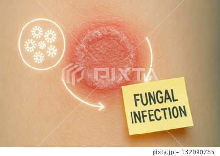 Medical concept for dermatology showing fungal infection on skin. circular, scaly rash, common disease symptom from spore, causing concern and discomfort Medical concept for dermatology showing fungal infection on skin. circular, scaly rash, common disease symptom from spore, causing concern and discomfort 132090785