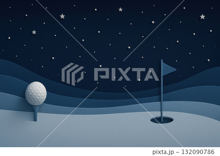 Peaceful golf course at night under starry sky with snow. clean, minimal illustration featuring layers and copy space for serene and quiet winter scene 132090786