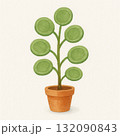 Hopeful watercolor illustration of single money plant in pot. green leaves shaped like coins symbolize eco finance, growth, wealth, and prosperity on an isolated background 132090843