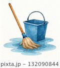 Watercolor illustration of single mop and blue bucket for cleaning flood water. This isolated art piece depicts domestic chore, quiet repair, or an aftermath scene 132090844