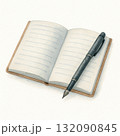 Calm watercolor illustration of single open journal and classic pen. Blank, lined pages await self reflection and writing, isolated on clean white background 132090845