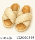 Watercolor illustration of fluffy, cozy pair of slippers. soft drawing evoking feeling of comfort and wellness, isolated on white background for relaxing mood 132090846