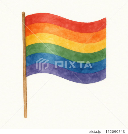 Joyful watercolor illustration of single rainbow flag waving, colorful art symbol for lgbt pride celebration. This artistic painting expresses freedom, love, and equality 132090848