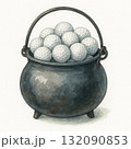 Funny watercolor illustration of witch cauldron full of golf ball. This surreal sport concept shows magic pot isolated on white background, creating whimsical image 132090853