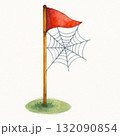 Spooky Halloween watercolor illustration of red golf flag with large spider web. creepy and forgotten concept, isolated on white background for creative design 132090854