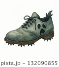 Spooky watercolor illustration of single haunted golf shoe with ghost face. This eerie clipart object, isolated for Halloween sport design on white background, feels whimsical 132090855