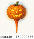 Spooky watercolor illustration of single jack o lantern with mischievous grin, glowing pumpkin head on golf tee. whimsical Halloween decoration isolated on white background 132090856