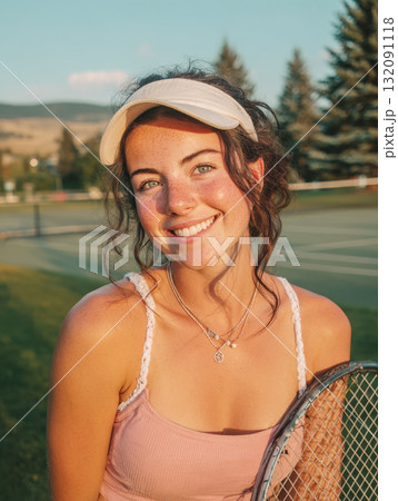 Portrait of happy young woman with natural smile and freckles, wearing visor and holding tennis racket. The photo, bathed in warm sunlight, captures summer sports, active lifestyle, youthful energy 132091118