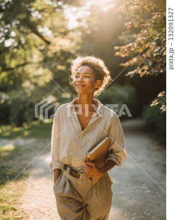 A beautiful, happy, and confident woman with a natural smile walking down a sunlit park path. She is dressed in chic, business-casual attire and holds a folder, suggesting concepts of freelance work A beautiful, happy, and confident woman with a natural smile walking down a sunlit park path. She is dressed in chic, business-casual attire and holds a folder, suggesting concepts of freelance work 132091327