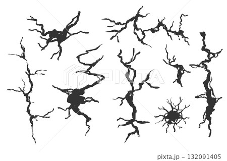 Crack wall, ground texture breaks on land surface. Ground fissure line sketch set. Crash fracture, land damage, earthquake 132091405