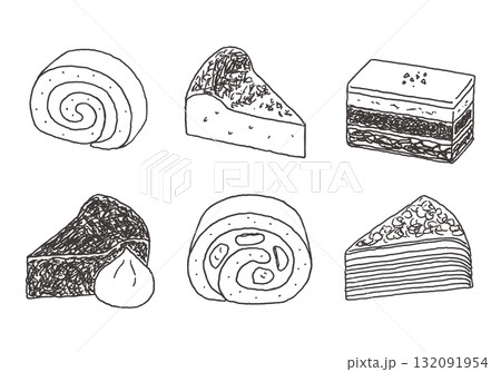 いろんなケーキの手描きイラストセット（モノクロ） 132091954