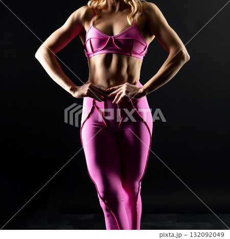 athletic female body in pink sportswear on dark background, fitness woman, athletic girl torso athletic female body in pink sportswear on dark background, fitness woman, athletic girl torso 132092049