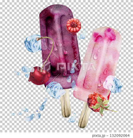 Cherry and raspberry berries popsicle ice lolly with melting texture, water splash, drops and ice. Isolated illustration hand drawn in watercolor. Frozen dessert menu, juicy tag, summer party design. 132092064