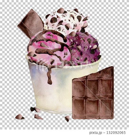 Mixed berry gelato sorbet ice cream scoop with chocolate flake chips, syrup drizzle topping in paper cup. Isolated illustration hand drawn in watercolor. Dessert logo, flavor label, packaging design 132092065