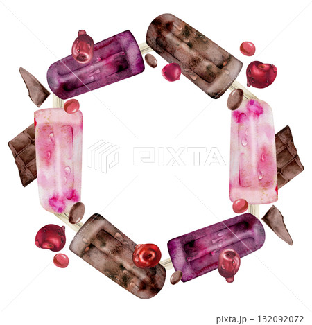 Melting chocolate bar pop and cherry ice lolly popsicles with fruits, berries and water drops. Isolated wreath frame illustration hand drawn in watercolor. Flavor card, summer branding, foodie flyer. 132092072