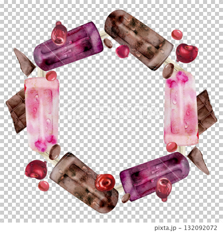 Melting chocolate bar pop and cherry ice lolly popsicles with fruits, berries and water drops. Isolated wreath frame illustration hand drawn in watercolor. Flavor card, summer branding, foodie flyer. 132092072