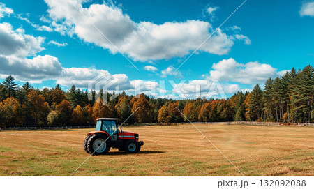 Orange Tractor in a Vast Green Field Under a Dramatic Sky 132092088