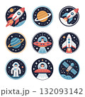 Colorful Space Exploration Patches Set Design with Rockets, Astronaut, Planets, and UFO 132093142