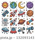 Cute Cartoon Space Elements Set Planets, Rocket, Astronaut, and Telescope Collection 132093143