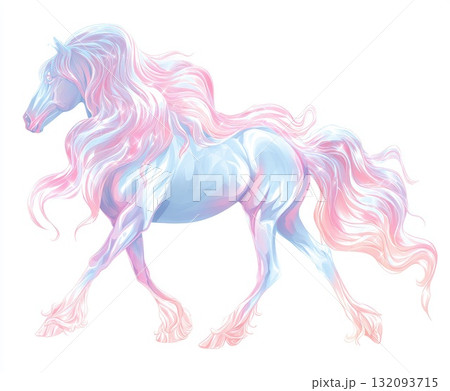 Ethereal horse illustration with flowing pastel mane and vibrant colors in a whimsical style 132093715