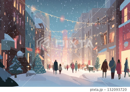 Winter street scene with people walking, snow falling, and festive lights illuminating the atmosphere Winter street scene with people walking, snow falling, and festive lights illuminating the atmosphere 132093720