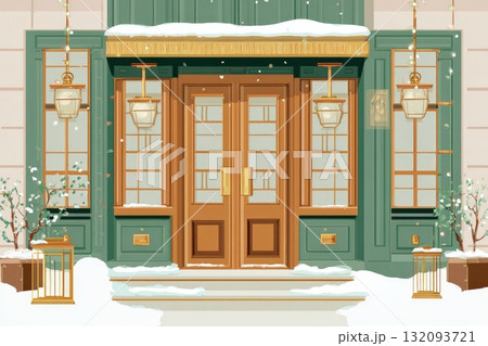 Elegant winter entrance with double doors, snow-covered steps, and decorative lanterns in a charming setting Elegant winter entrance with double doors, snow-covered steps, and decorative lanterns in a charming setting 132093721