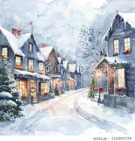 Winter village scene with snow-covered houses, festive decorations, and serene atmosphere Winter village scene with snow-covered houses, festive decorations, and serene atmosphere 132093724