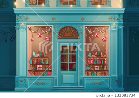 Colorful storefront with festive decorations and holiday-themed displays in a charming setting 132093734