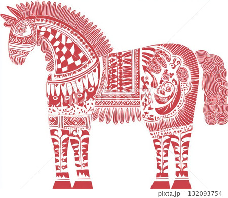 Decorative red horse illustration with intricate patterns and artistic details for creative projects Decorative red horse illustration with intricate patterns and artistic details for creative projects 132093754