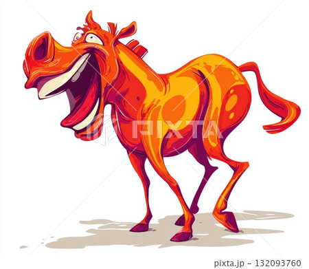 Vibrant orange cartoon horse illustration with exaggerated features and joyful expression 132093760