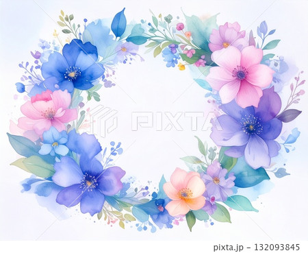 花の円形フレーム・水彩画タッチ（AI生成画像） 132093845