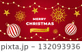 Merry Christmas background With Red Background, Gold Ornaments, Stars, And String Lights 132093936