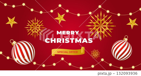 Merry Christmas background With Red Background, Gold Ornaments, Stars, And String Lights Merry Christmas background With Red Background, Gold Ornaments, Stars, And String Lights 132093936