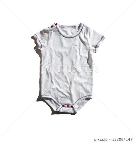 Plain white baby onesie with red button details on isolated white background Plain white baby onesie with red button details on isolated white background 132094147