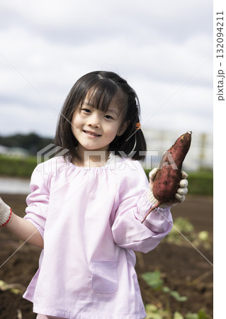 サツマイモを収穫するかわいい女の子 132094211