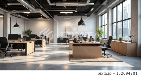 Urban office with polished concrete floors, modern wooden desks, and metal accents. The space features ambient lighting from sleek overhead Urban office with polished concrete floors, modern wooden desks, and metal accents. The space features ambient lighting from sleek overhead 132094281