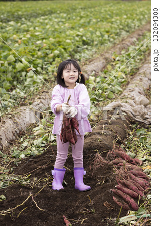サツマイモを収穫するかわいい女の子 132094300