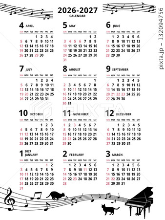 2026-2027年_年間カレンダー_4月始まり _ピアノと楽譜 2026-2027年_年間カレンダー_4月始まり _ピアノと楽譜 132094756