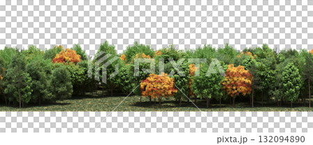 forest line with shadows under the trees, isolated on transparent background, 3D illustration, cg render 132094890