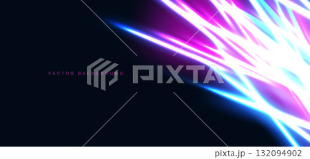Hi-speed blue and pink neon diagonal beams rays on dark blue background. 132094902