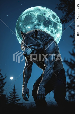 Mighty werewolf, Halloween horror scene background Mighty werewolf, Halloween horror scene background 132094939