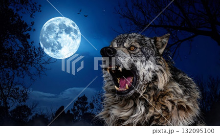 Mighty werewolf, Halloween horror scene background 132095100