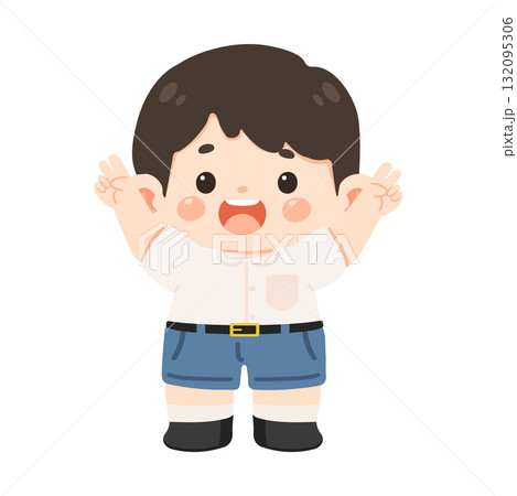 Cartoon Illustration of Boy with Hands Up Cartoon Illustration of Boy with Hands Up 132095306