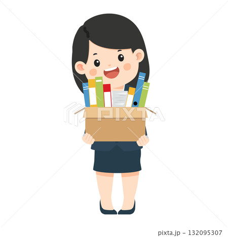 Cartoon Woman Carrying Box of Files 132095307