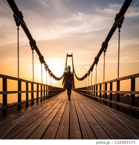 Woman on a long bridge or road, loneliness and meditation concept Woman on a long bridge or road, loneliness and meditation concept 132095375