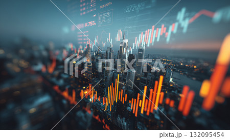 経済と金融市場のイメージ ― ファイナンシャルデータと都市の景色 ― 132095454