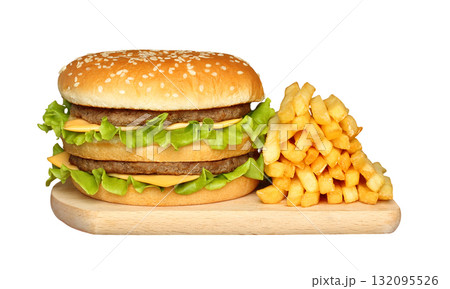 Fast food concept featuring a juicy burger and crispy french fries placed on a wooden cutting board, isolated on a transparent background 132095526