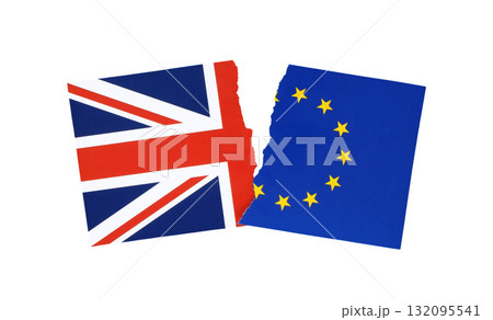 Torn parts of small European Union and British flags placed next to each other, isolated on a transparent background 132095541