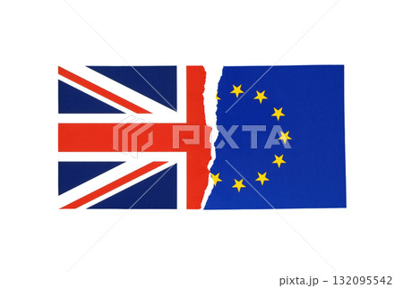 Torn parts of small European Union and British flags placed next to each other, isolated on a transparent background Torn parts of small European Union and British flags placed next to each other, isolated on a transparent background 132095542