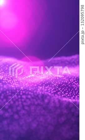 Soft purple and pink glowing particle waves with lens flare effect in an abstract digital landscape 132095798